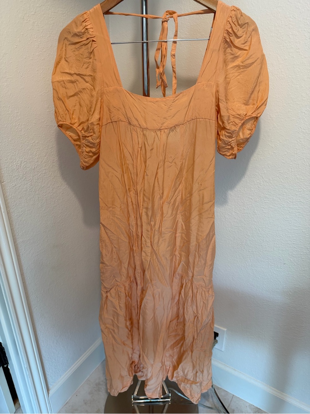 Tela Peach Silk Cotton Blend Midi Dress with Puff Sleeves XS